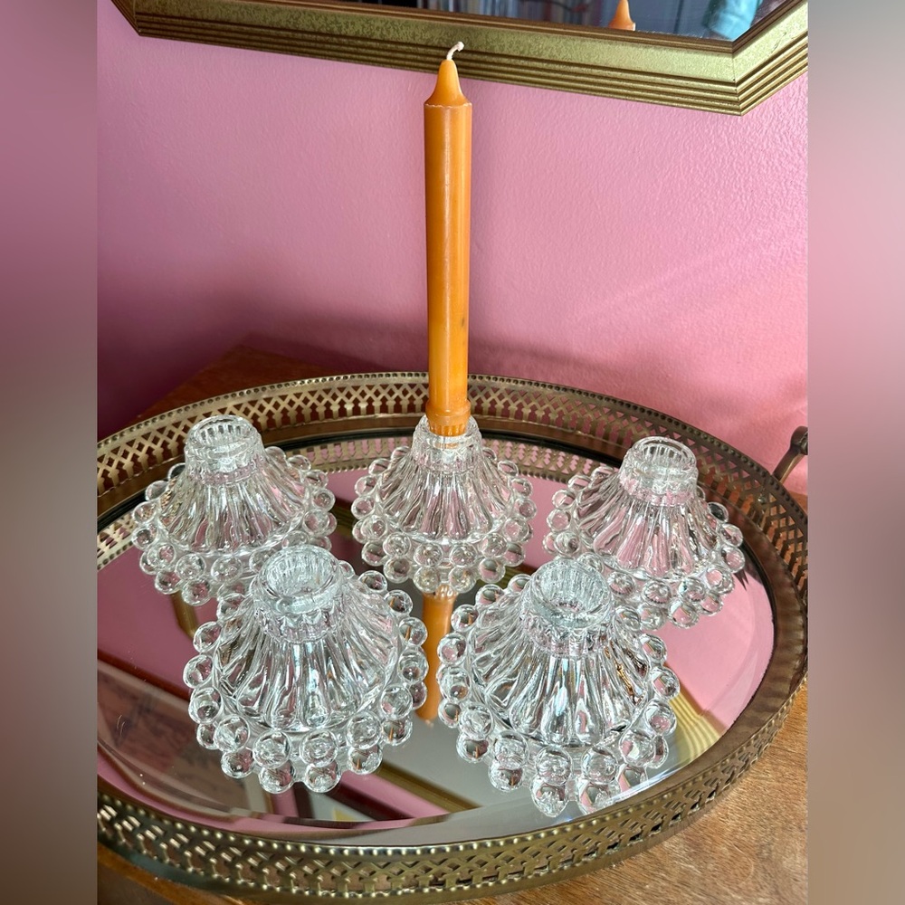 5 1950s Anchor Hocking Berwick "Boopie" Bubble Glass Art Deco Candle Holder Set